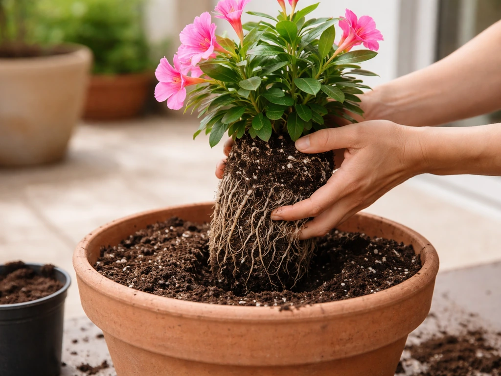 Hands transplant a dipladenia from a small pot into a larger pot with fresh potting mix.