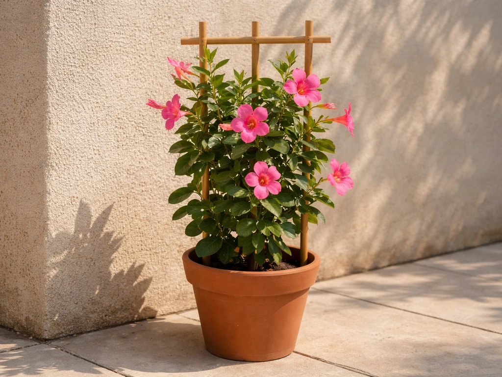 Potted dipladenia on a south-facing patio trellis, basking in warm sunlight