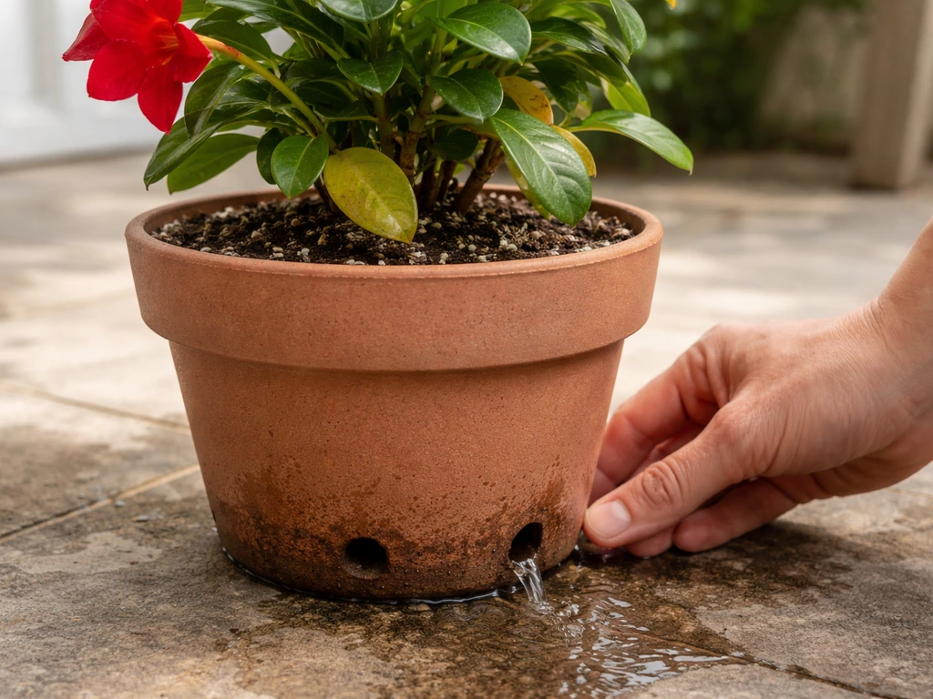 Dipladenia in a pot showing yellow leaves near clear drainage holes and a hand gently checking soil moisture