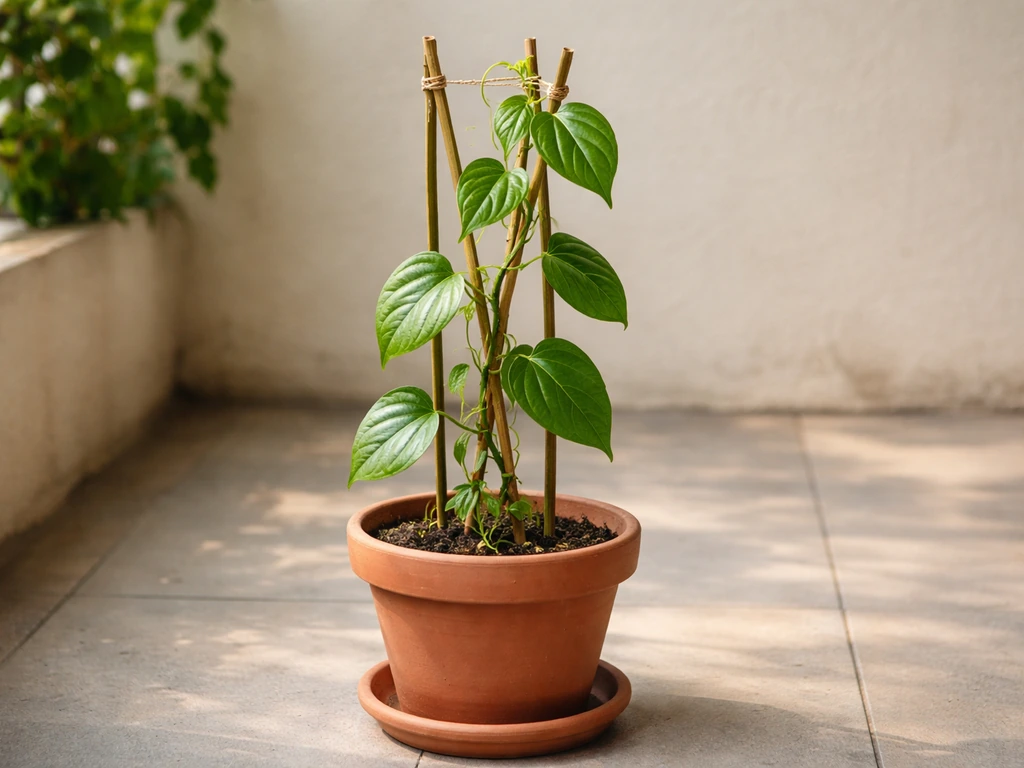 Potted betel leaf vine climbing a small trellis on a home terrace in soft natural light.