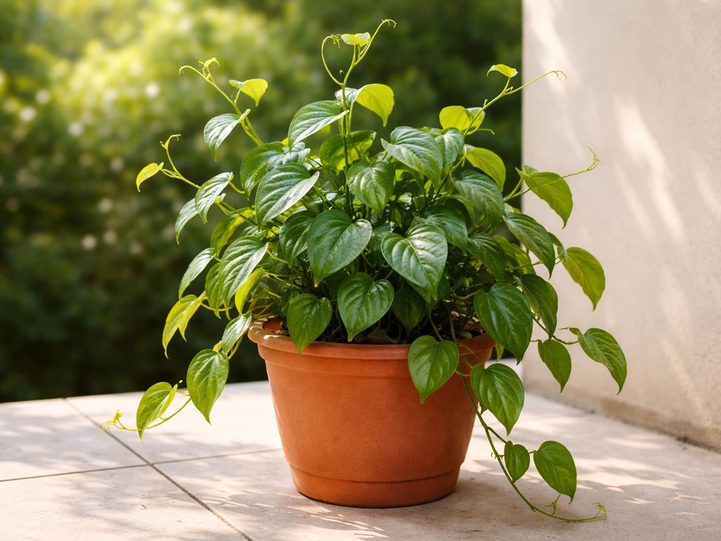 Lush betel leaf vine thriving in a terracotta pot outdoors with green foliage and warm natural light.