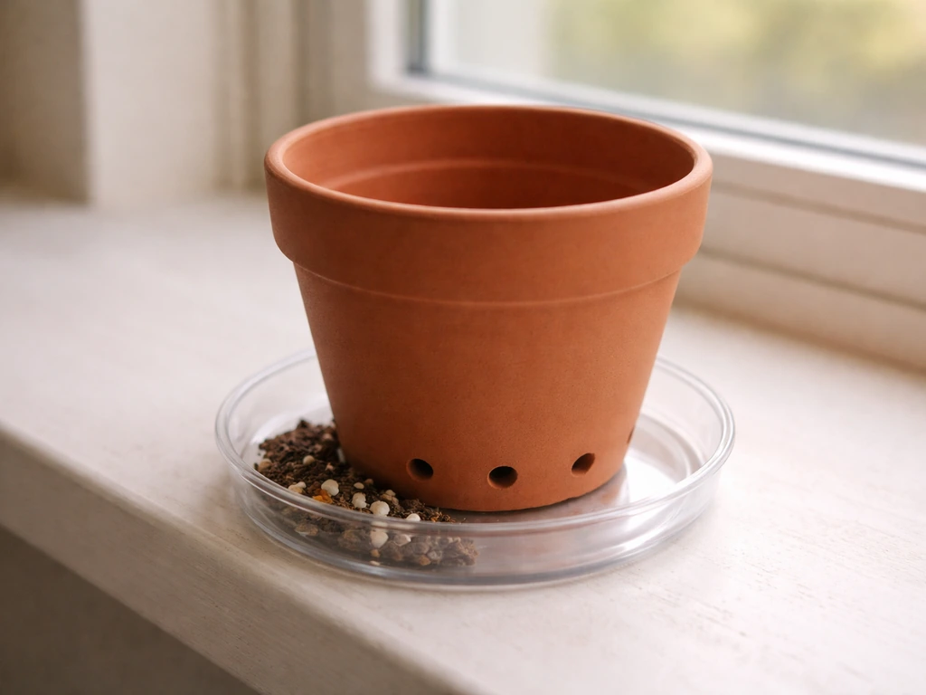 Ceramic pot with drainage holes on a windowsill, set over a drip tray to prevent water pooling.
