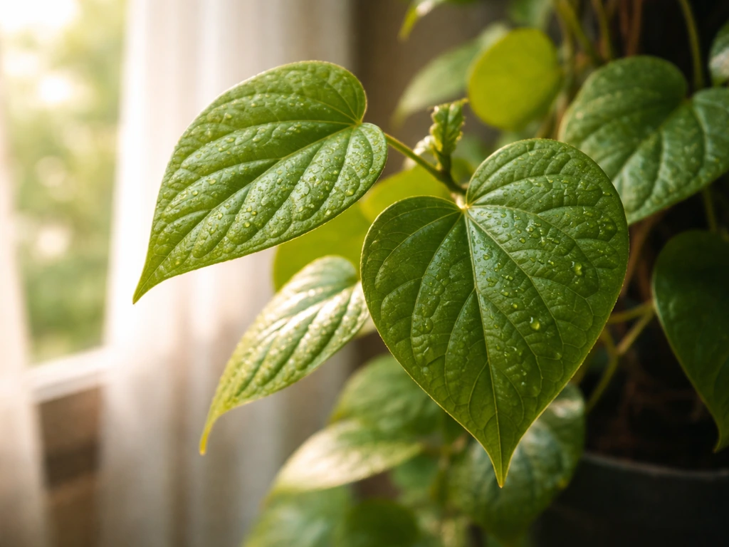 Close-up of glossy betel leaves catching warm, soft light with a humid, shaded feel