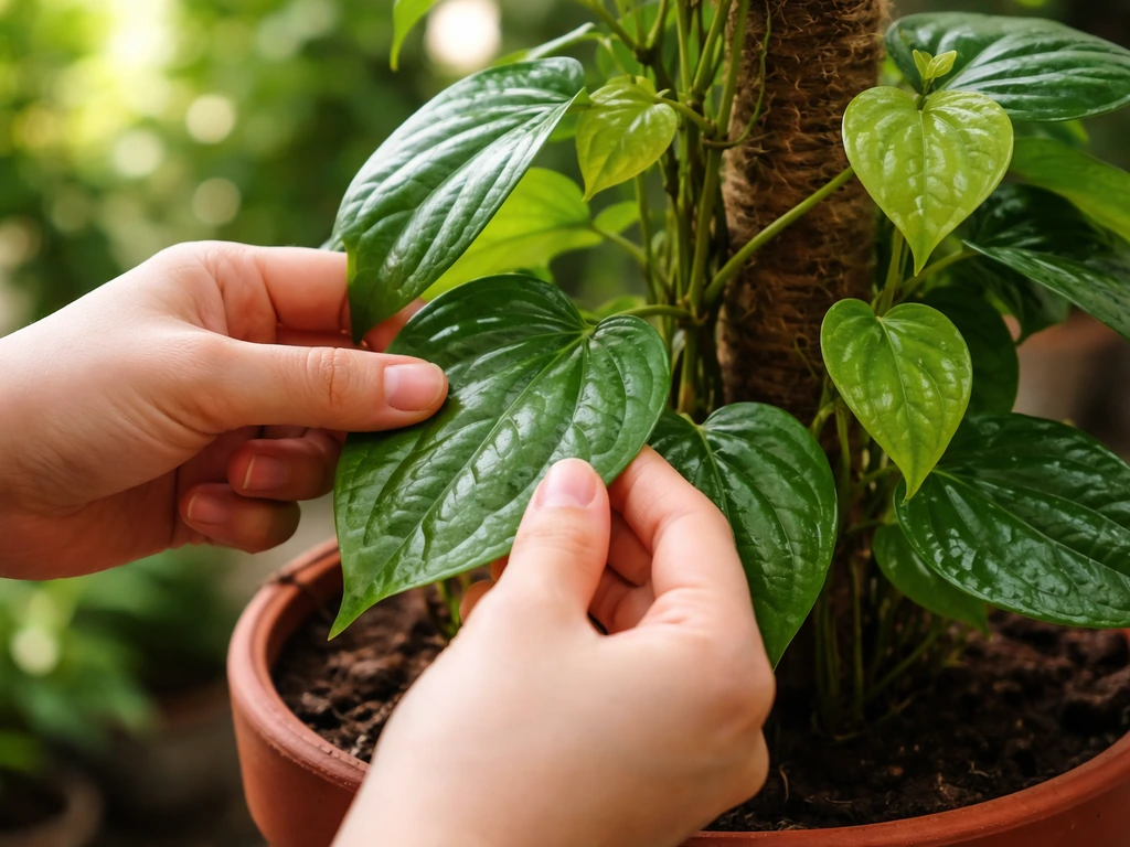 Close-up of hands pinching mature betel leaves from a container-grown vine, leaving young growth intact.