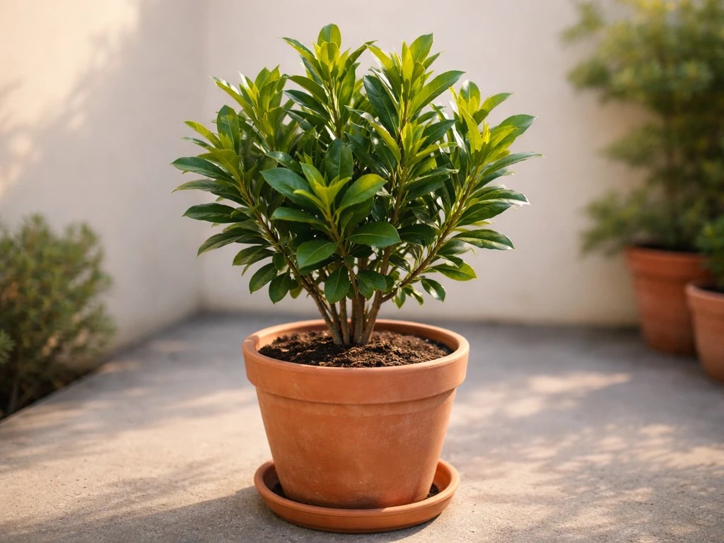 Lush bay laurel growing in a terracotta pot on a sunny patio balcony.