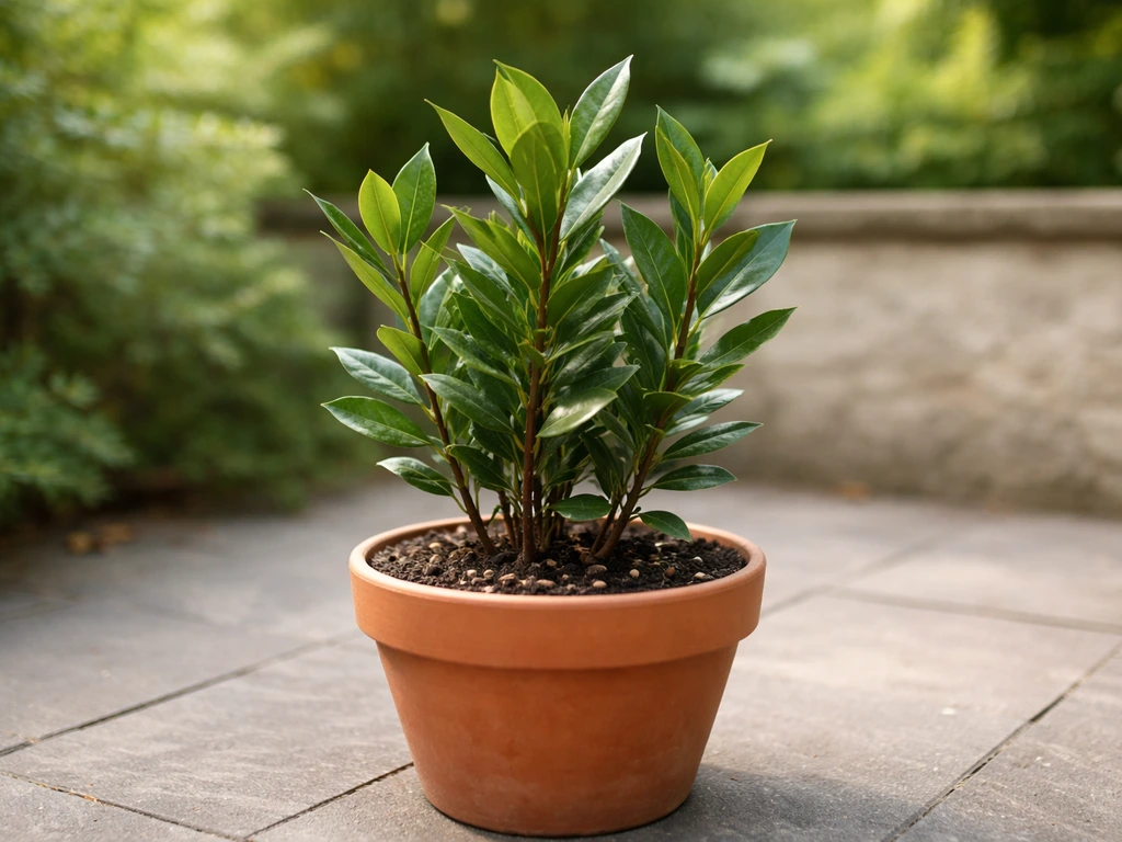 Bay laurel plant in a terracotta pot on a patio, showing container-friendly bay leaf growing.