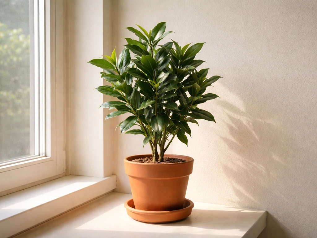 Bay laurel in a pot placed in a bright south-facing window for strong growth.