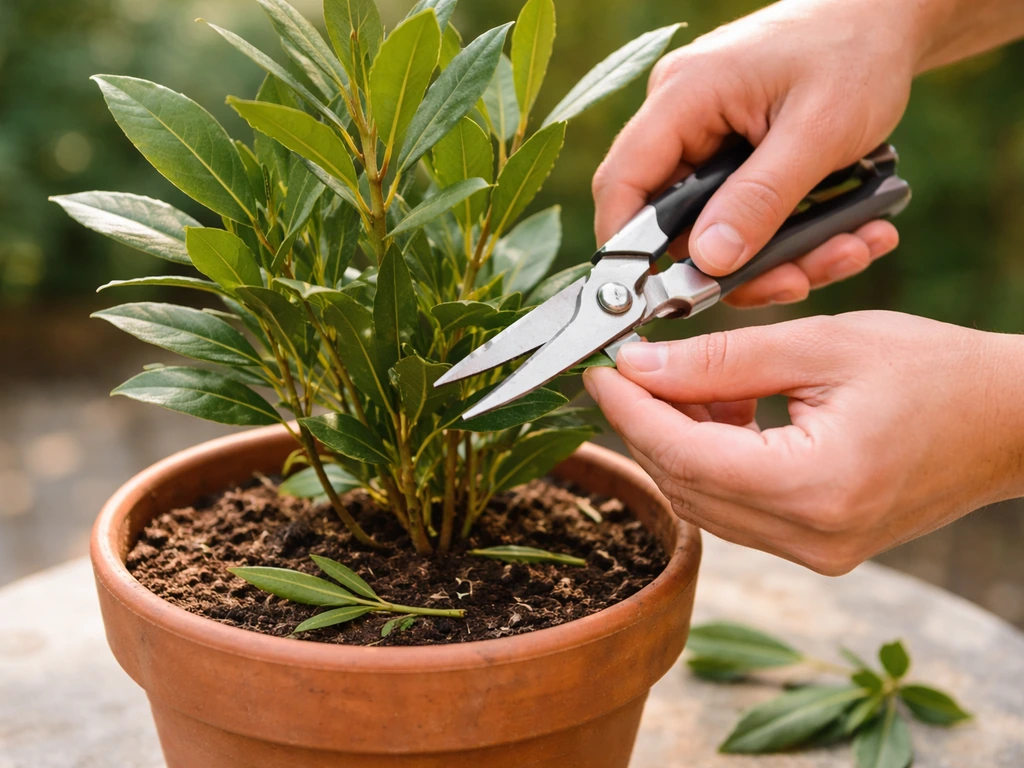 Close-up of trimming a leggy bay laurel in a pot with pruning shears, with fresh clippings visible.