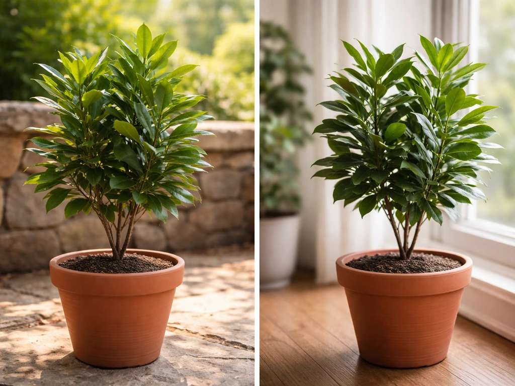 A bay laurel in a pot outdoors in summer light, then the same pot indoors by a window for winter.