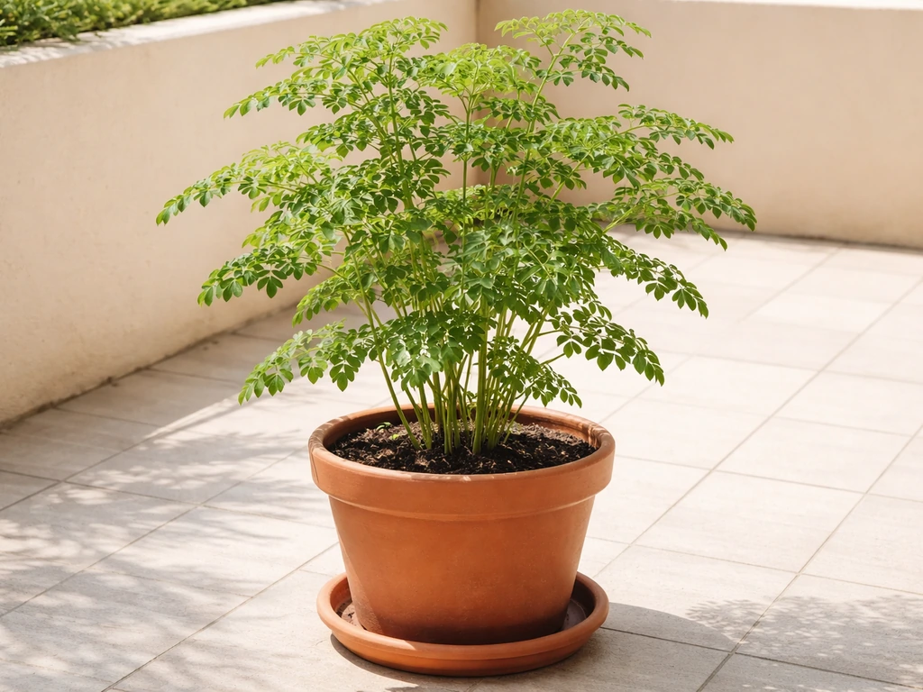 Lush moringa drumstick plant in a terracotta pot on a sunny balcony patio