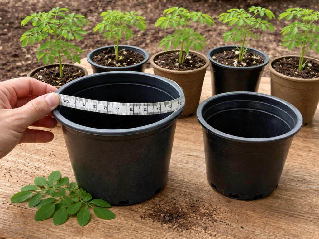 Close-up of moringa seedlings beside large pots, with a measuring tape comparing container size.