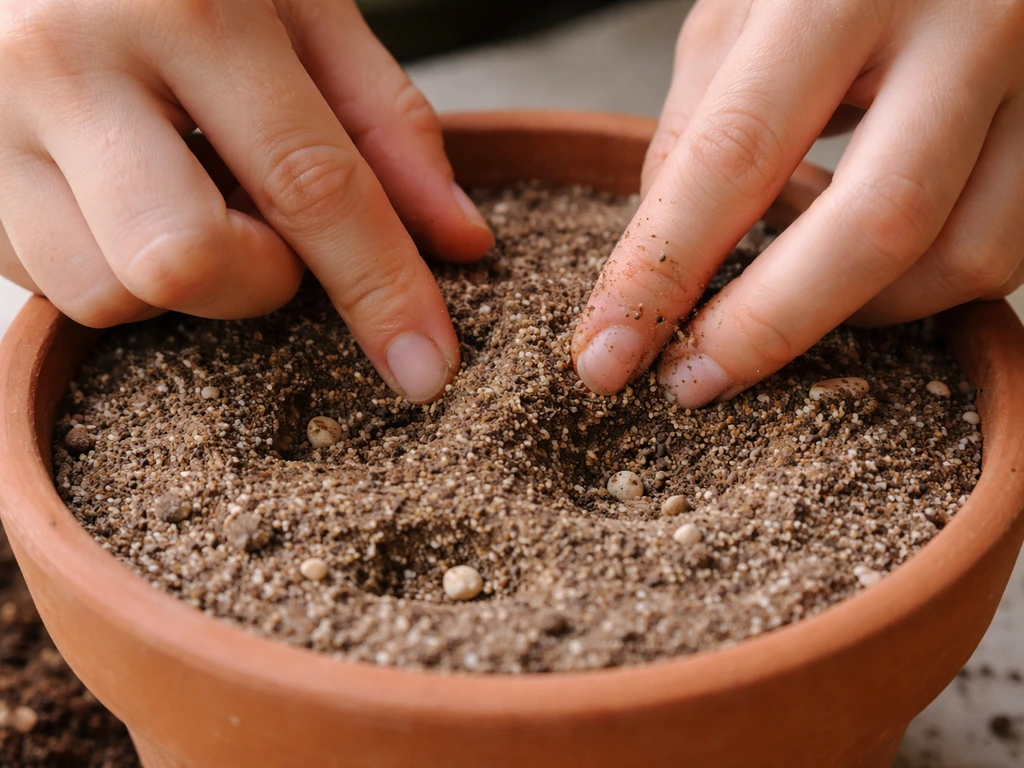 Close-up of hands gently placing moringa seeds into sandy potting mix and covering them.