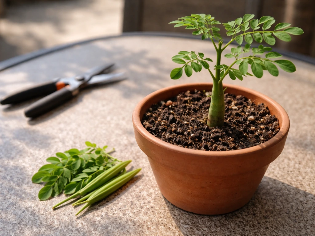 Close-up of trimmed moringa top and fresh tender leaves/pods on a small gardening pot
