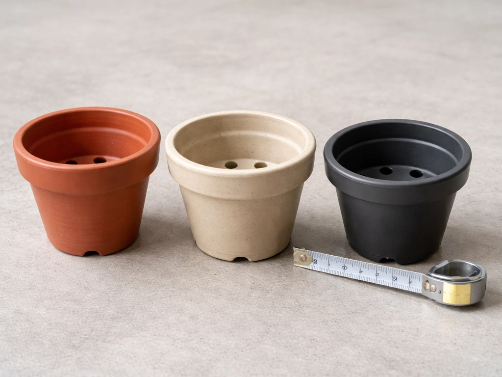 Three small pots in different materials with drainage holes visible and a measuring tape for size.