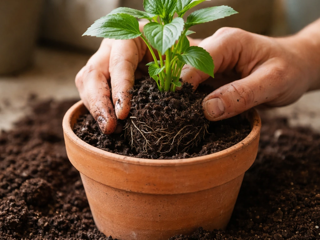 Gardening hands placing a transplant into a pot and backfilling soil at the correct depth.