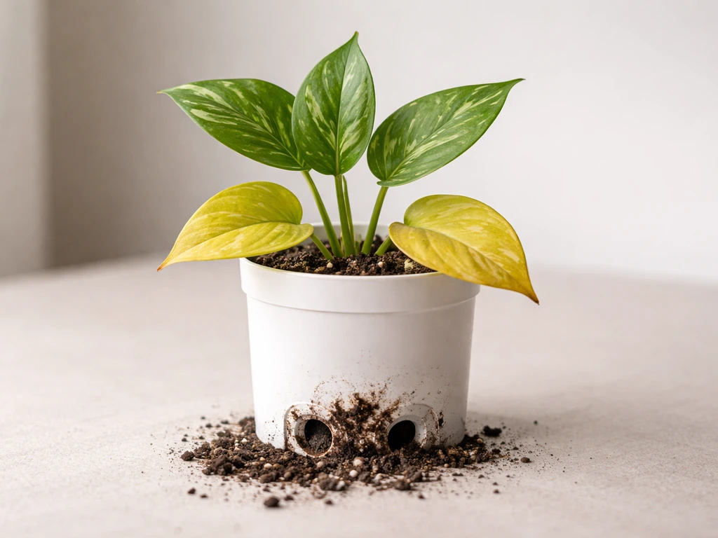 Indoor plant with healthy green top leaves and yellowing lower leaves, with visible drainage holes.