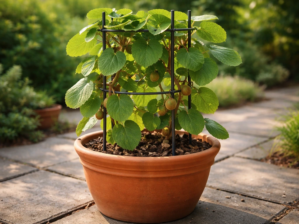 Kiwifruit vine in a pot climbing a small trellis, with lush leaves and a few green fruits.