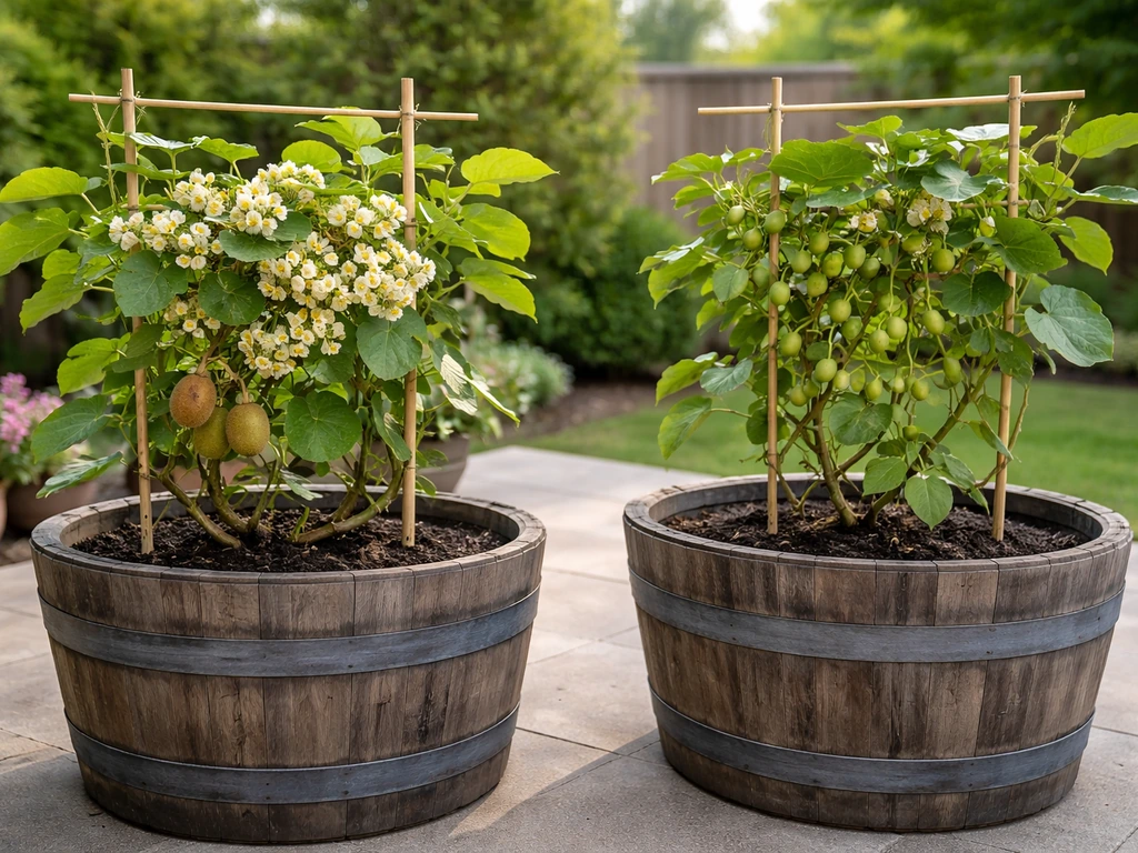 Potted fuzzy and hardy kiwi vines with one male and one female plant setup, plus kiwi fruits on the branches.