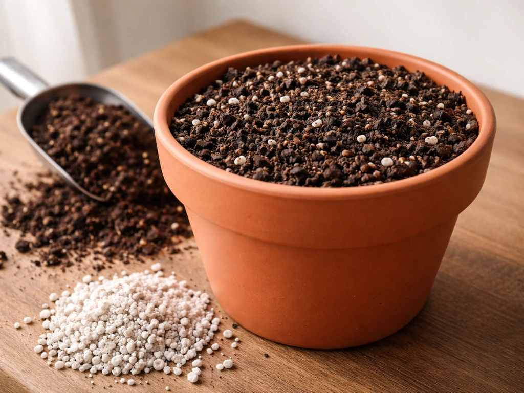 Close-up of a terracotta pot filled with moist, airy potting mix with dark compost and light perlite bits.