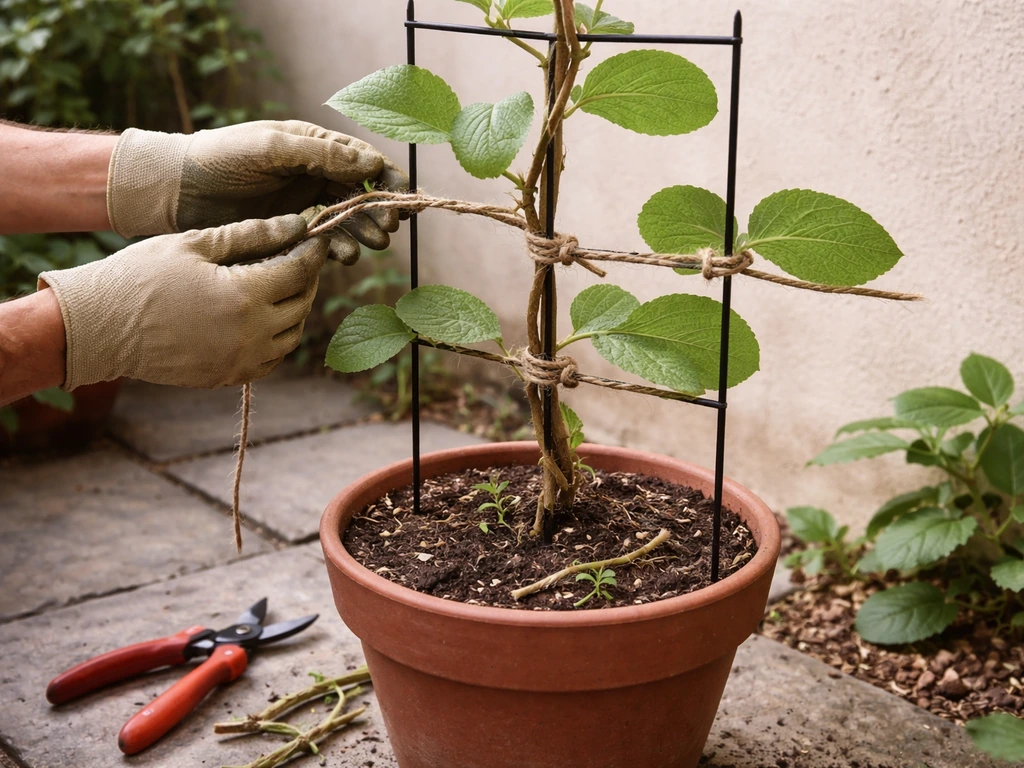 Gardener pruning and tying a potted kiwifruit vine to a small backyard trellis, showing main cane framework.