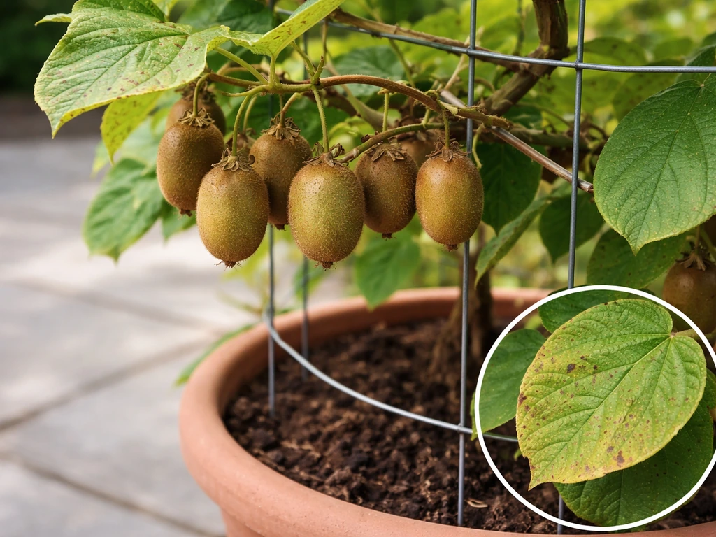 Potted hardy kiwi plant with ripe fruits ready to harvest and a close leaf view showing minor spotting