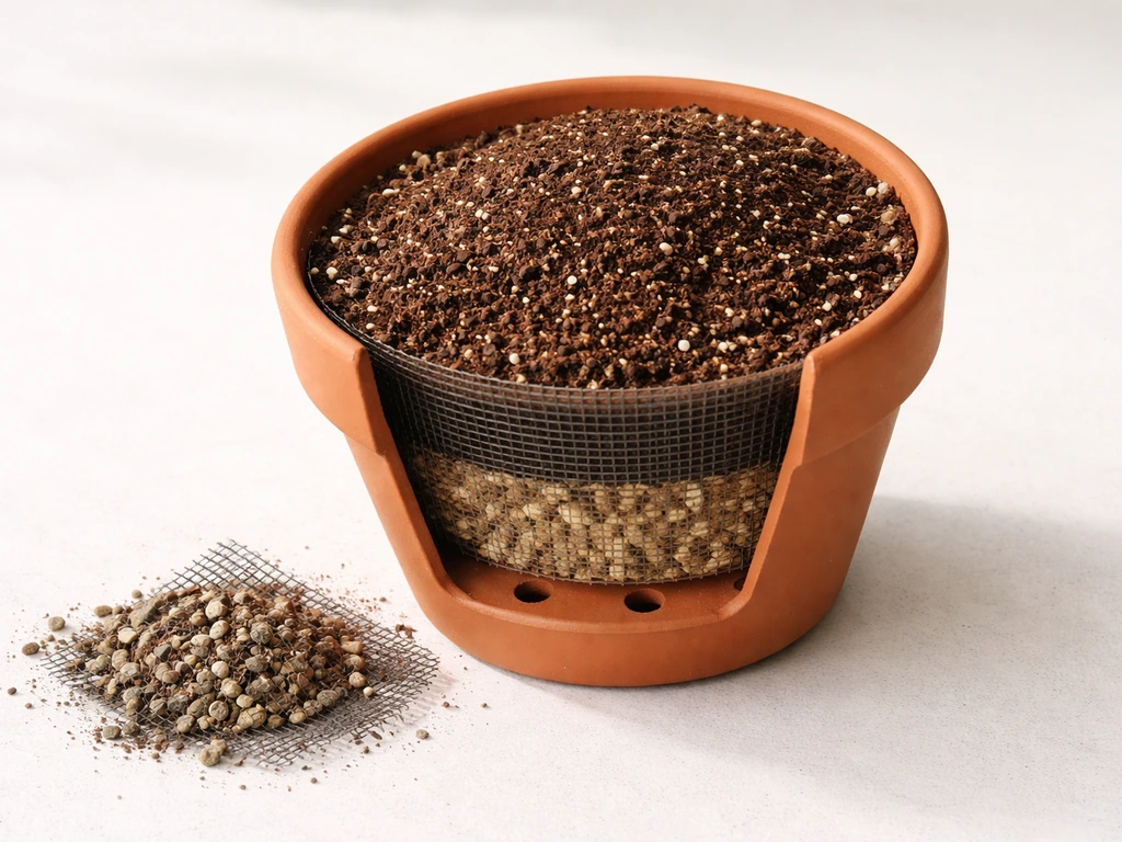Close-up of a small pot showing drainage holes, mesh/coarse layer, and seed-starting mix layers.