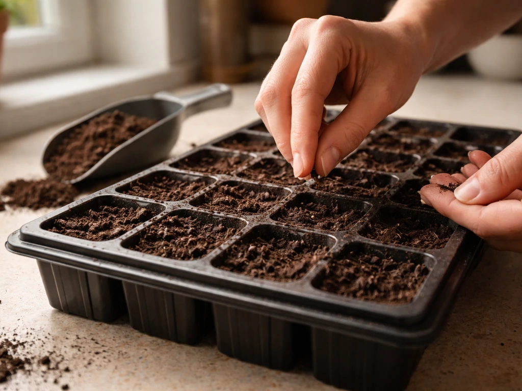 Hands placing seeds into soil-filled seed cells, then ready to cover them to the correct depth.