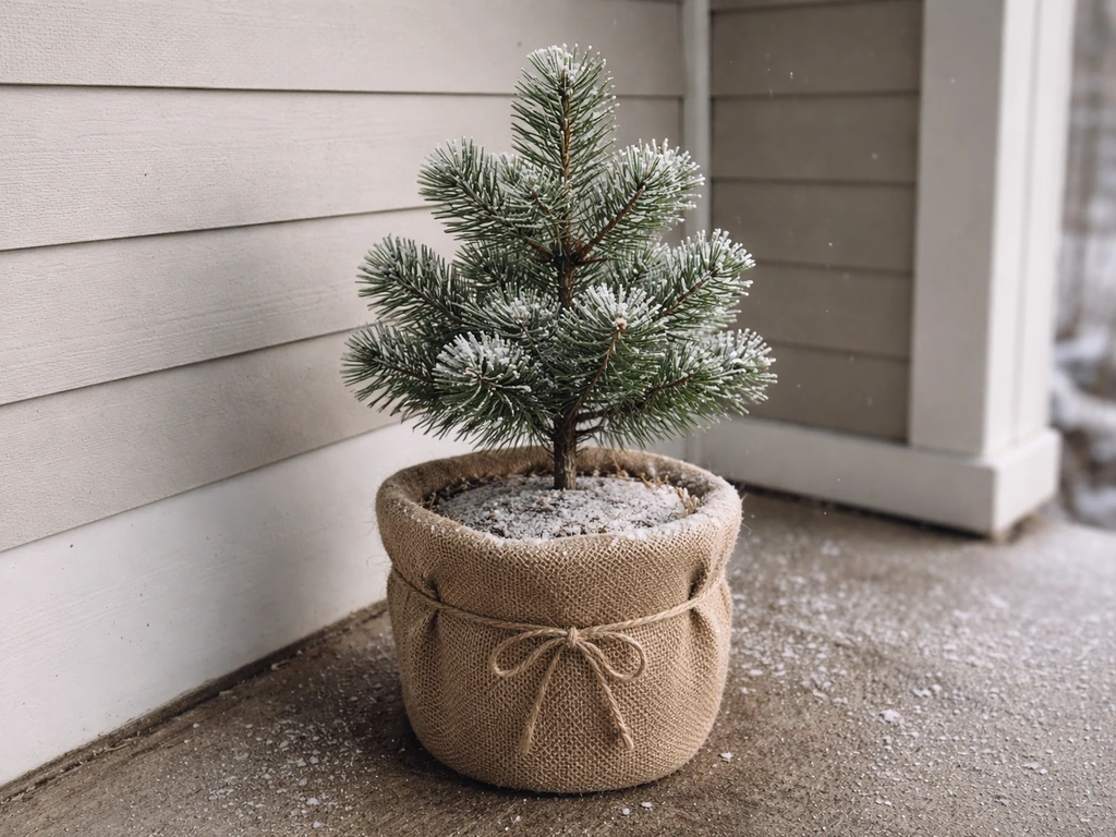 Potted pine wrapped for winter insulation near a wall on a sheltered porch