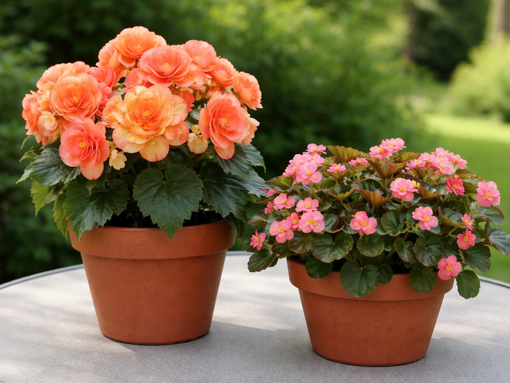 Two different potted begonias side by side, showing different bloom types and growth habits.