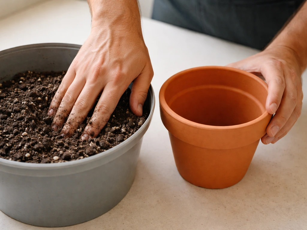 Hands preparing a clay pot with slightly acidic potting mix, showing moist, crumbly texture