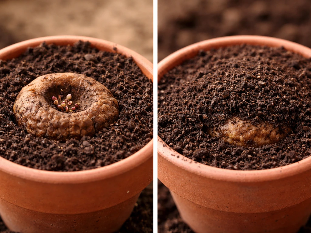 Close-up of a tuberous begonia tuber planted correctly with hollow side up; incorrect depth shown beside it.