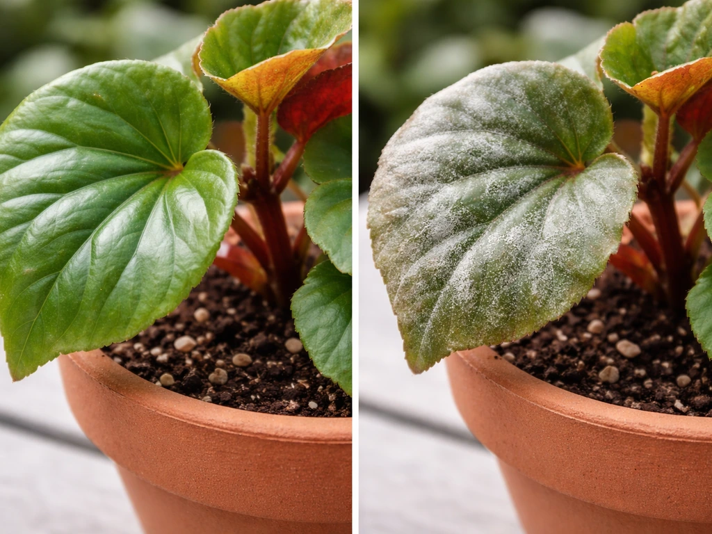 Close-up comparison of healthy and powdery/mold-affected begonia leaves in a pot, showing moisture and airflow issues.