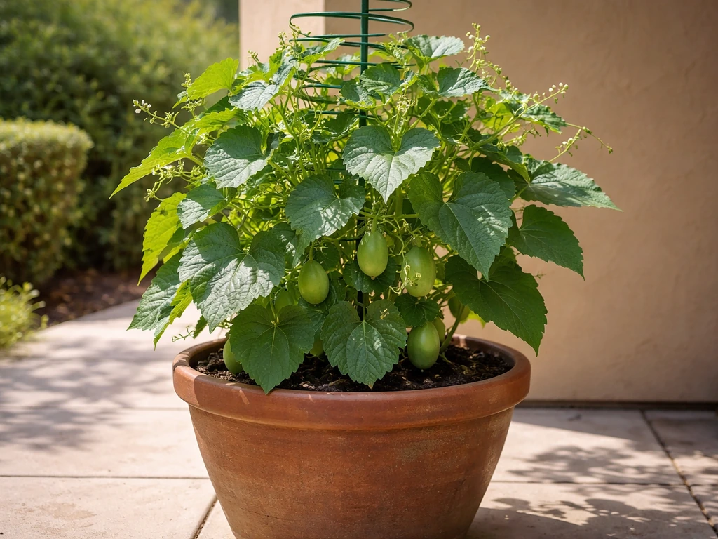 Chayote vines thriving in a large pot on a patio, with lush green foliage and natural light.
