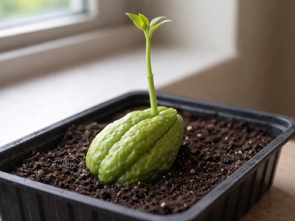Whole chayote fruit with a small sprout emerging, resting on dark soil in a simple container setting.