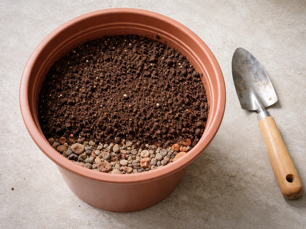 Close-up of a pot with a coarse gravel/terracotta drainage layer and loose potting mix above it.