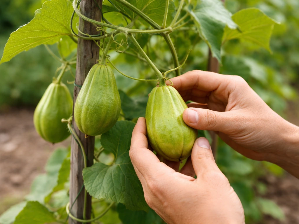 Close-up of hands picking young chayote fruit from a trellised vine in a garden.