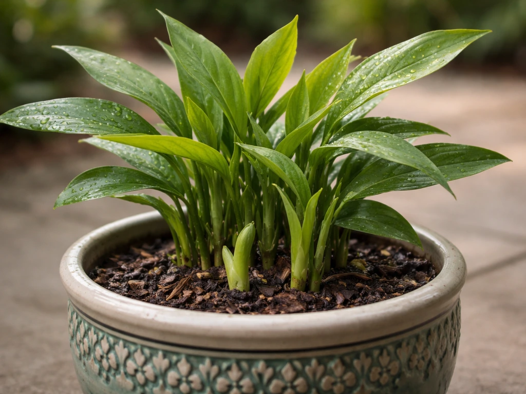 Lush green elaichi plant in a decorative pot with fresh shoots, close to the soil in natural light.