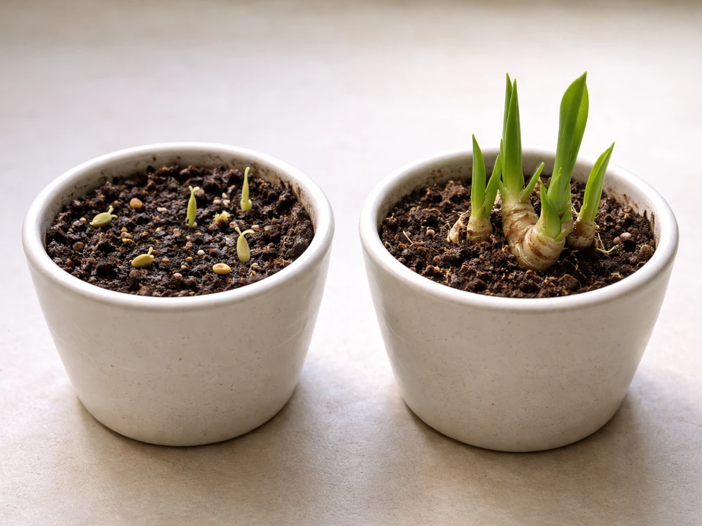 Two small pots side by side: cardamom seeds sprouting and a rhizome clump with fresh green shoots.