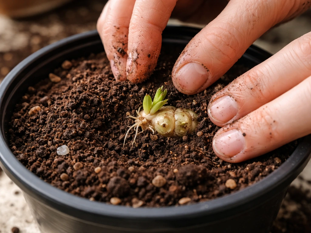 Hands placing a cardamom rhizome in moist potting mix inside a small container.