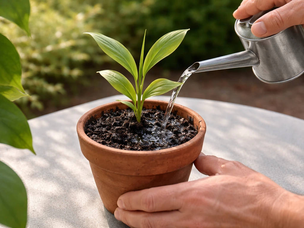 Hands pouring liquid fertilizer from a watering can into a small potted cardamom plant.