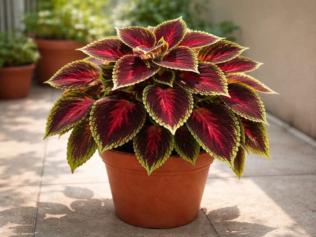 Vibrant multi-colored coleus thriving in a terracotta pot on a sunny patio balcony.