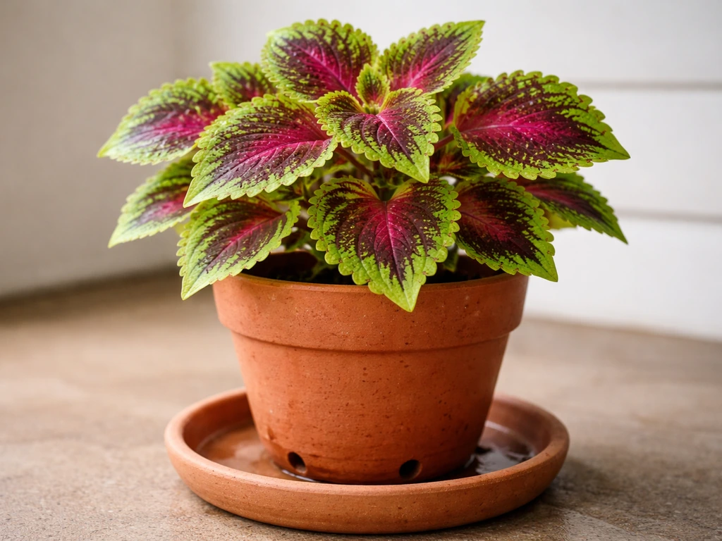 Close-up of a coleus in a small pot with drainage holes over a dry saucer, lush leaves visible.