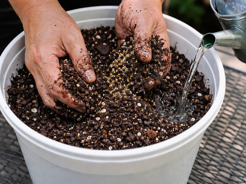 Hands mixing potting mix in a bucket with a gentle fertilizer application for coleus