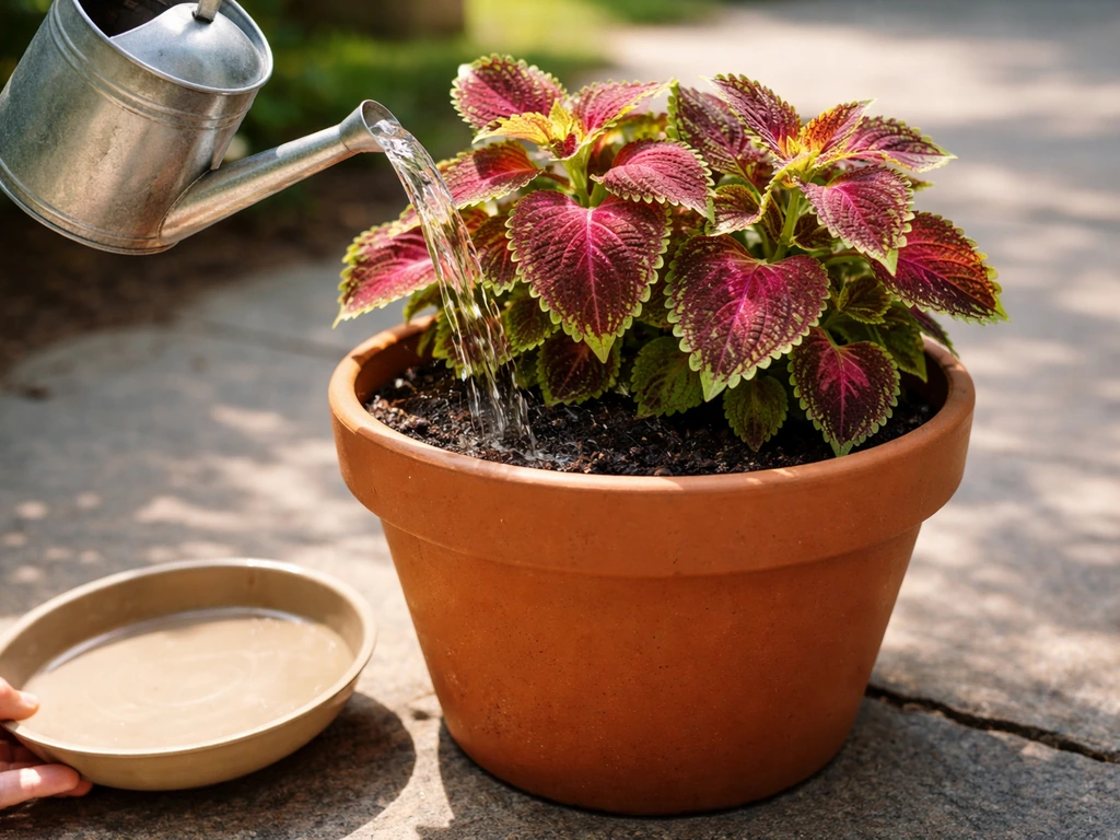 Watering a container coleus in a pot; runoff saucer is being emptied to keep soil from staying soggy.