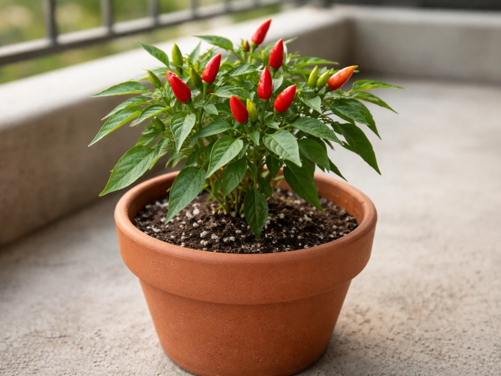 Red ripe siling labuyo chilies growing in a terracotta pot on a balcony patio