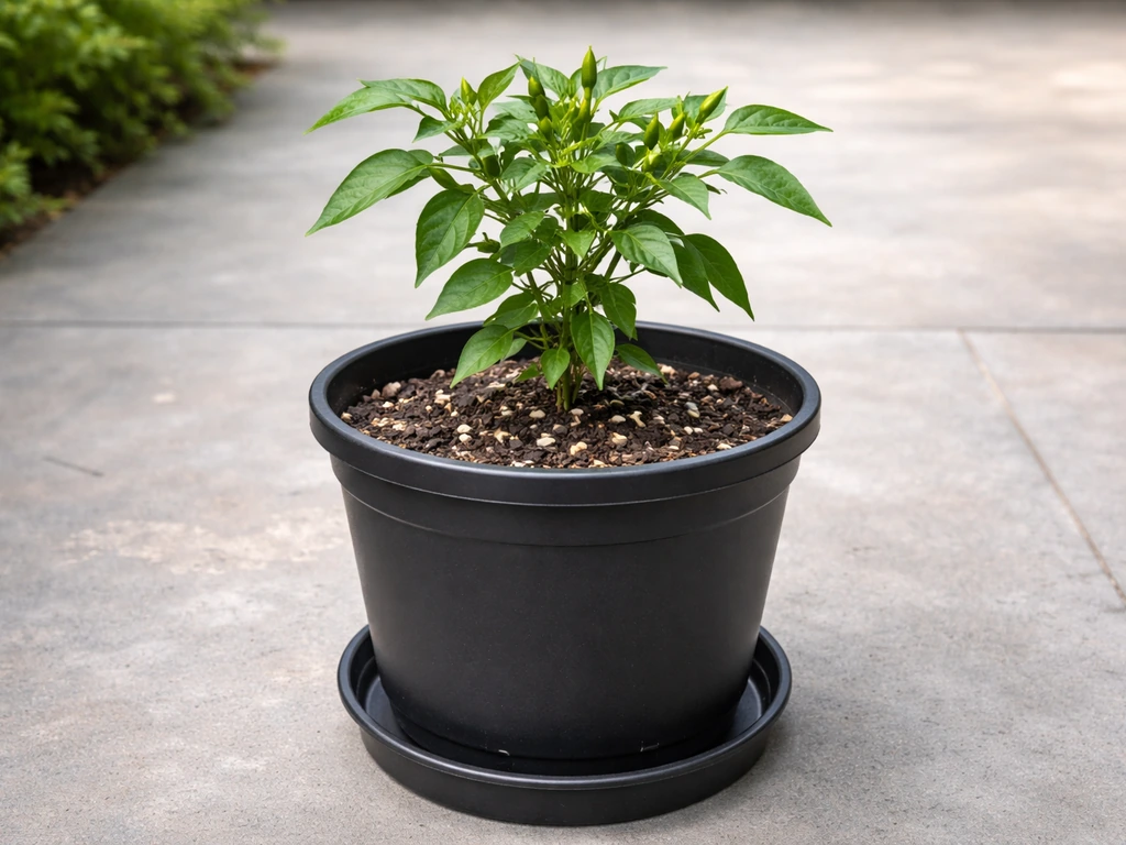 Single siling labuyo plant in a 3–5 gallon pot with drainage visible on a patio.