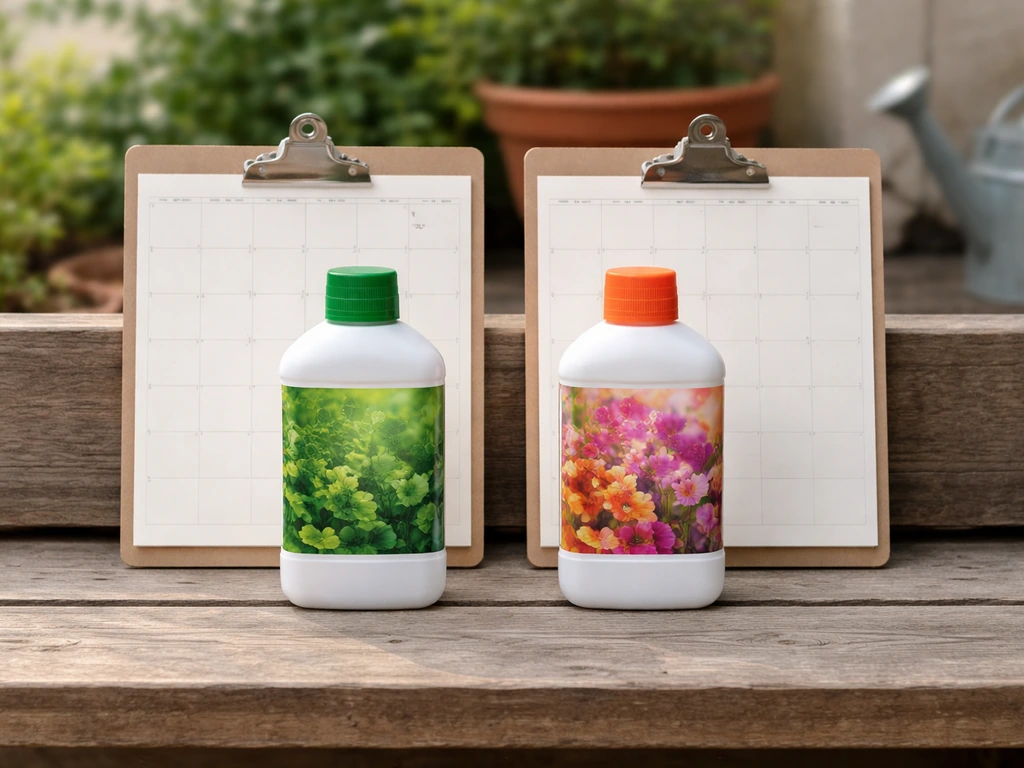 Fertilizer containers and a simple feeding calendar on a garden pot bench, showing veg-to-flowering transition.