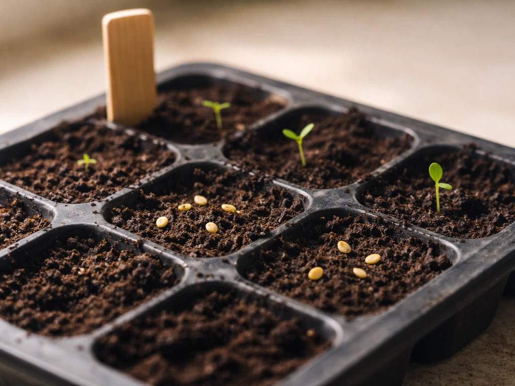 Siling labuyo seeds and tiny seedlings in a small seed tray with soil, warm light, and a blank marker.