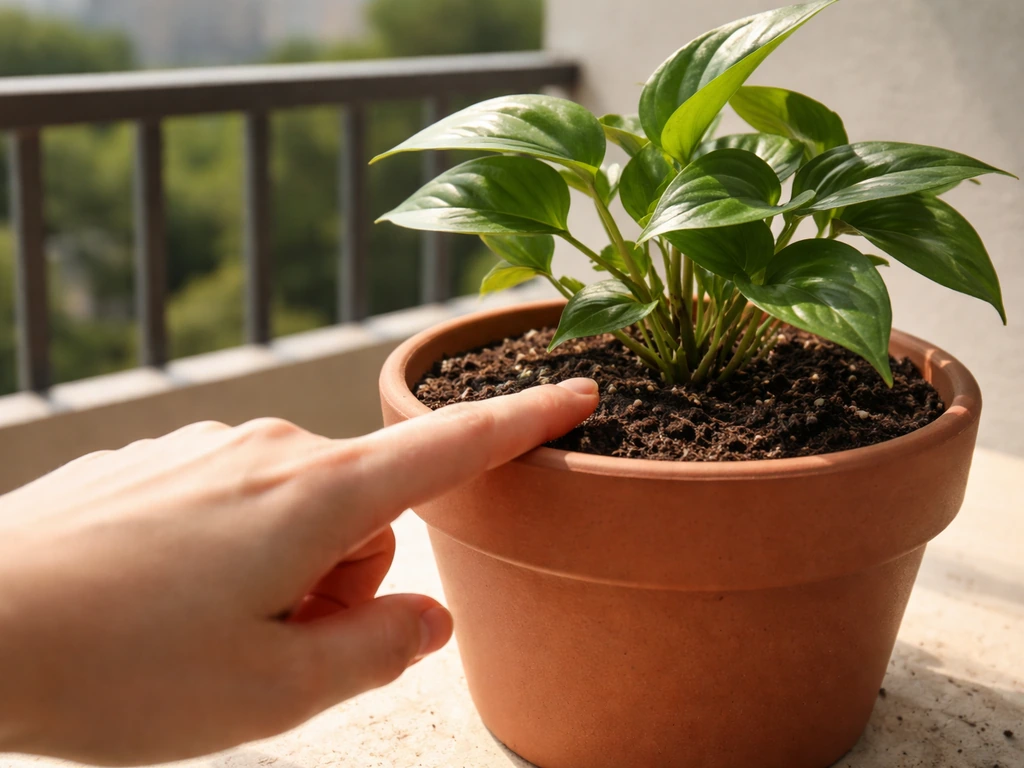 Hands check soil moisture in a small pot while another pot is positioned in direct sun on a balcony.
