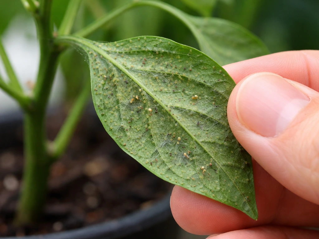 Gardener hand inspecting the underside of a container pepper leaf with tiny pests visible.